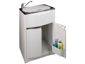 Milena Contour Laundry Trough &amp; Cabinet 45L Stainless Steel Bowl Polymer Cabinet White