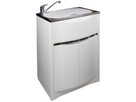 Milena Contour Laundry Trough &amp; Cabinet 45L Stainless Steel Bowl Polymer Cabinet White